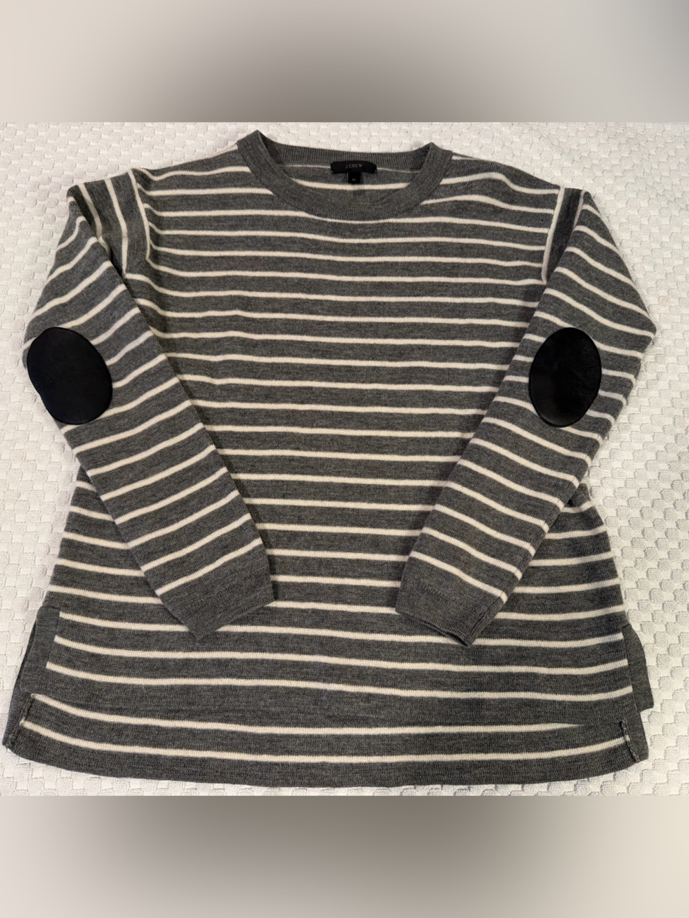 J. Crew Gray & White Striped Crewneck Sweater with Black Elbow Patches, Size M
